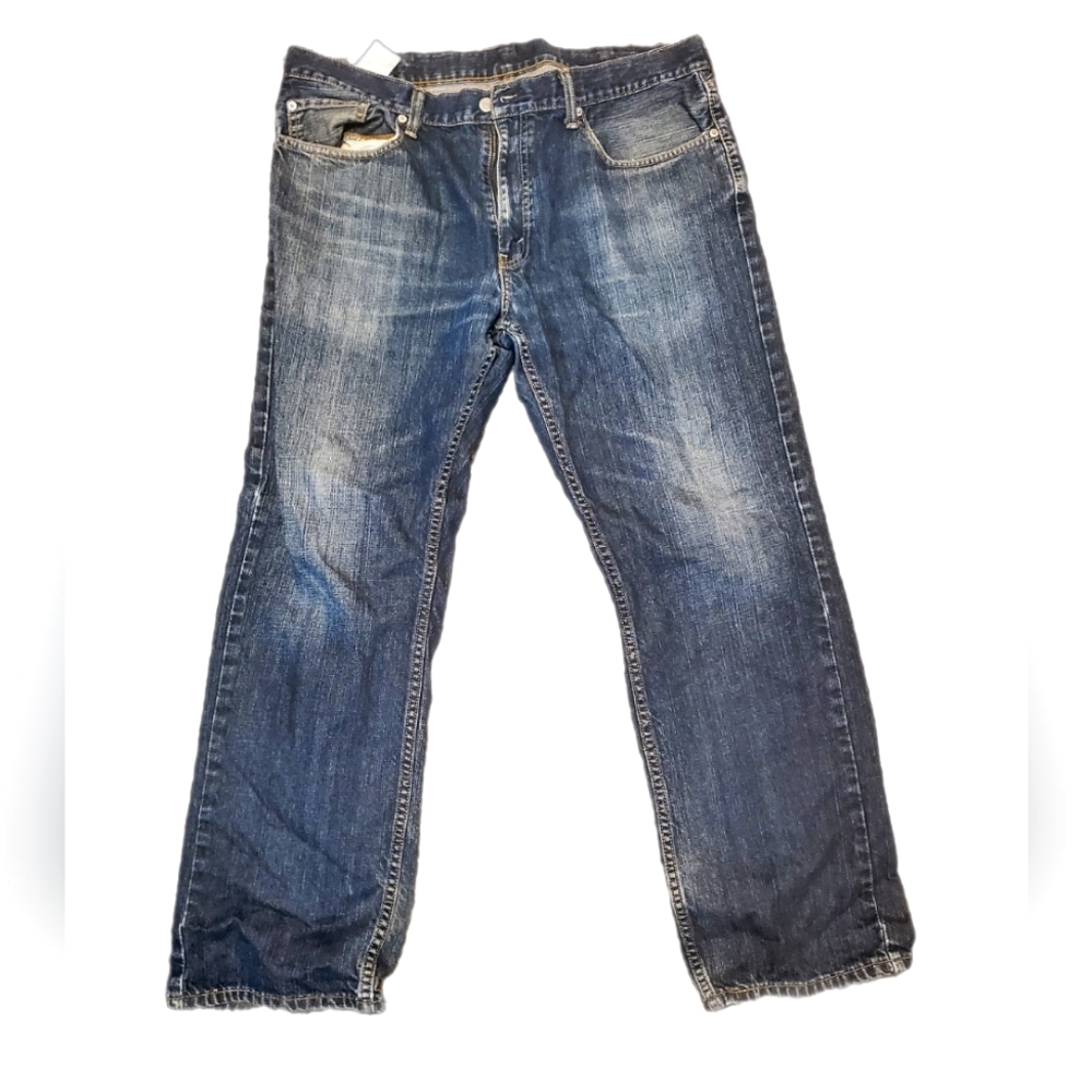 38W x 32L Levi 559 relaxed straight leg jeans dark blue distressed